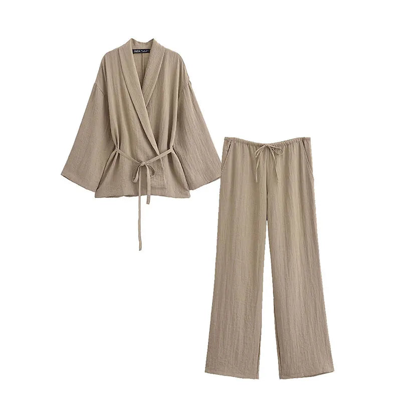חליפת פשתן שני חלקים חולצת קשירה ומכנסיים ארוכים - אווה