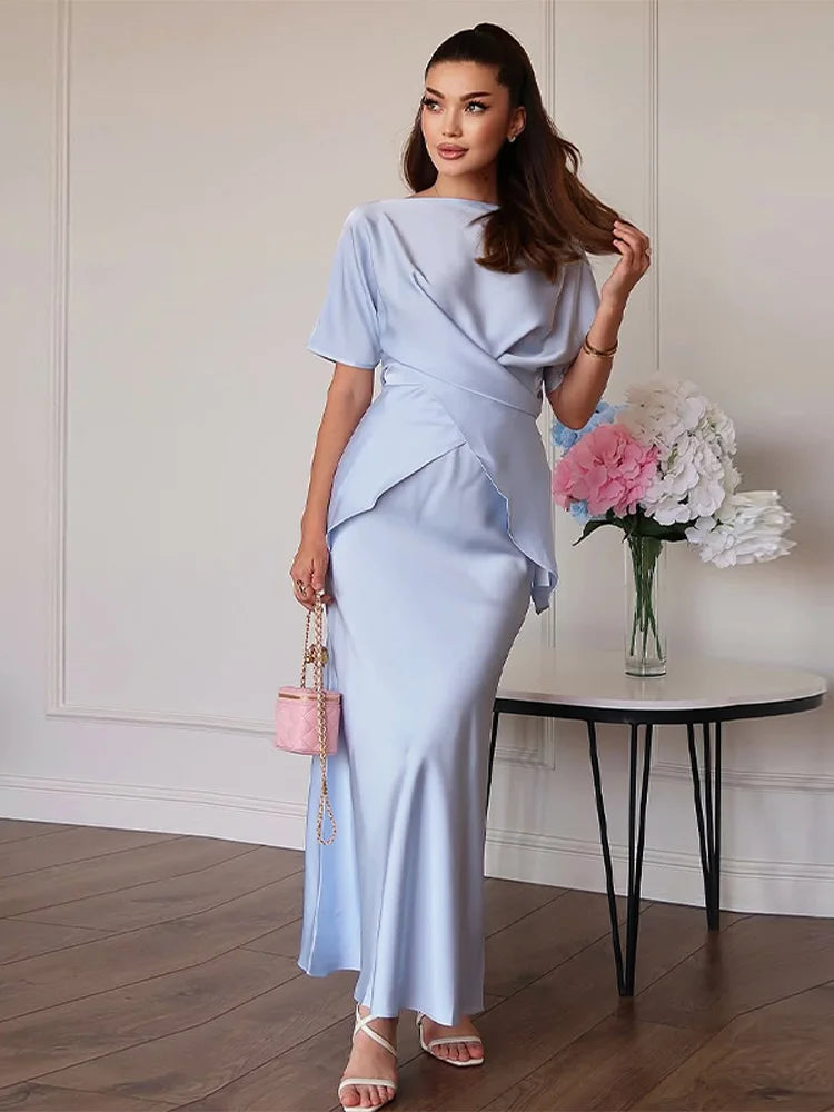 סט סאטן שני חלקים חולצת קשירה בעיצוב קרוס וחצאית מקסי - ליבי